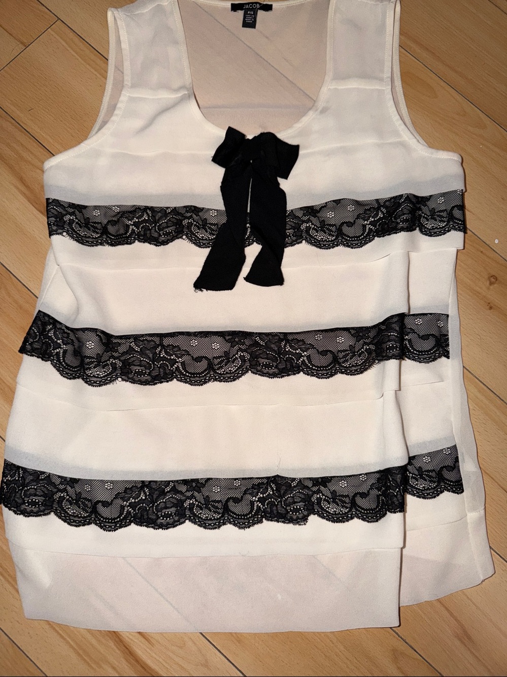 Jacob White Sleeveless Dress top with Black Lace Stripes and Bow